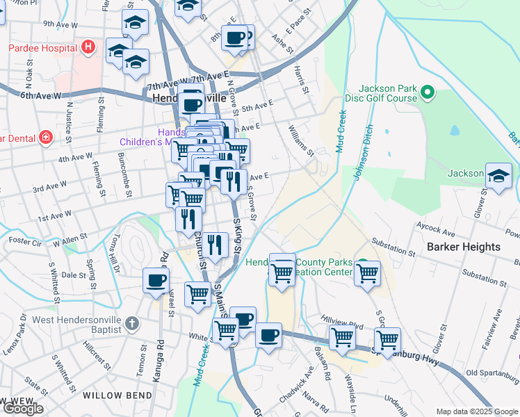 map of restaurants, bars, coffee shops, grocery stores, and more near 224 South Grove Street in Hendersonville
