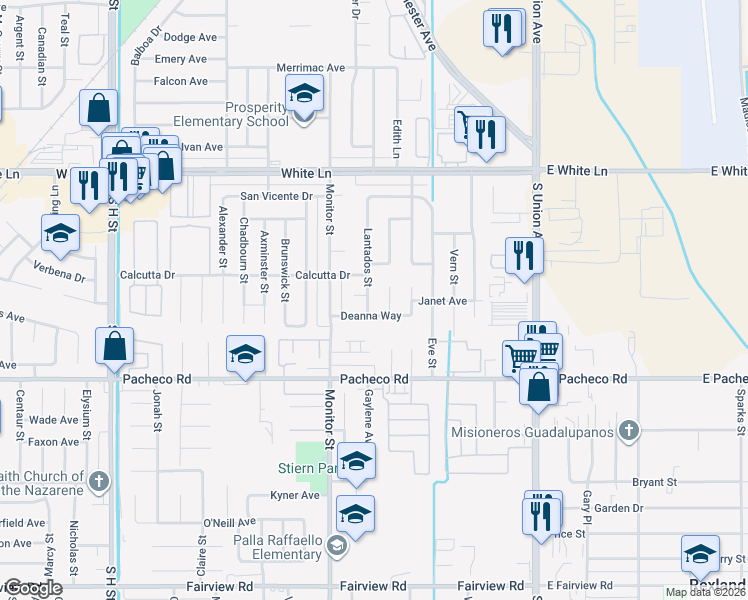 map of restaurants, bars, coffee shops, grocery stores, and more near 4600 Lantados Street in Bakersfield