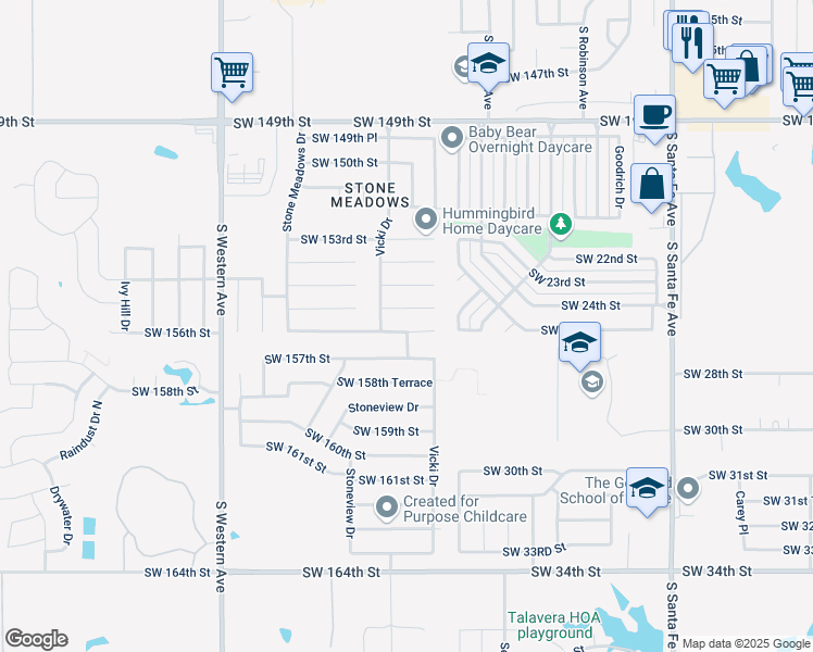 map of restaurants, bars, coffee shops, grocery stores, and more near 529 Southwest 156th Street in Oklahoma City
