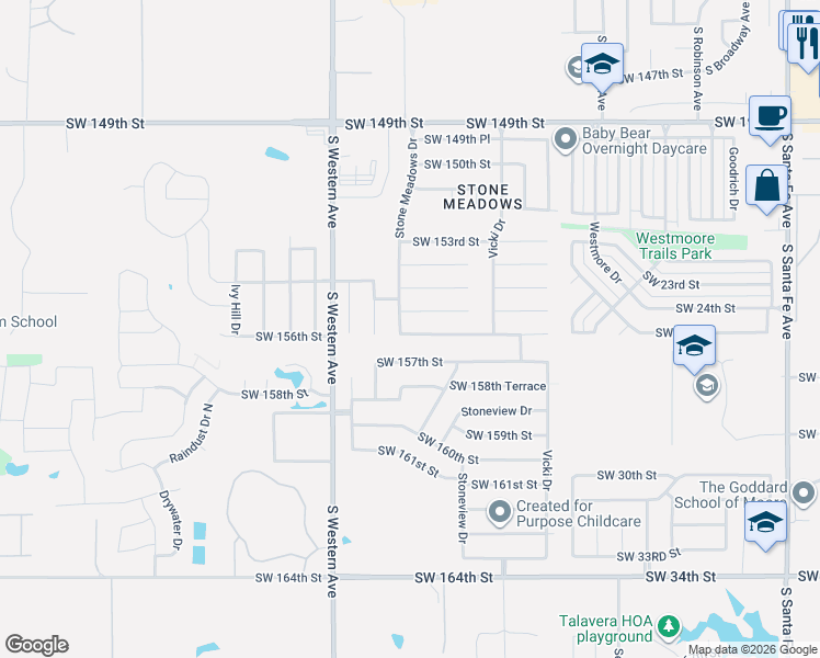 map of restaurants, bars, coffee shops, grocery stores, and more near 725 Stone Meadows Drive in Oklahoma City