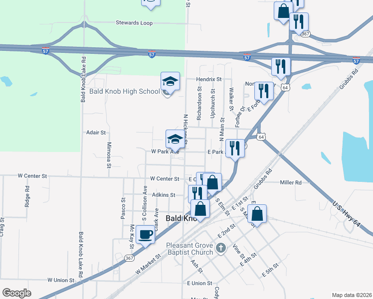 map of restaurants, bars, coffee shops, grocery stores, and more near 300 North Hickory Street in Bald Knob