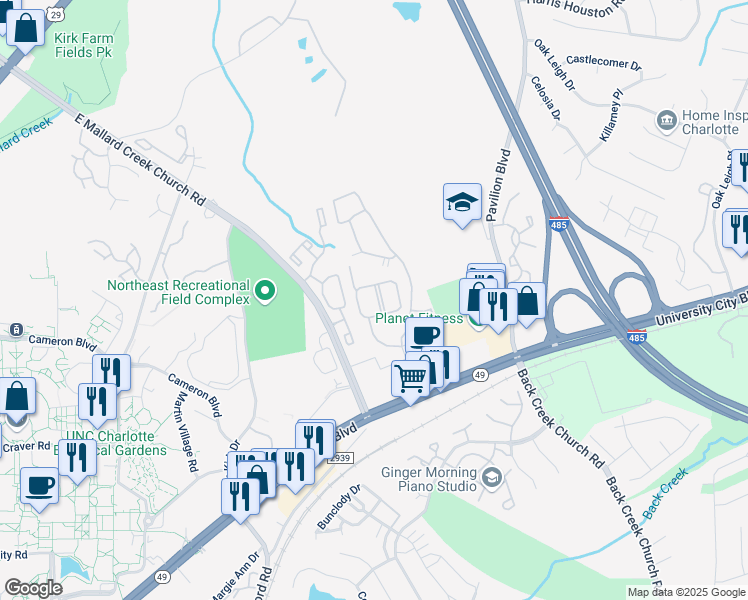 map of restaurants, bars, coffee shops, grocery stores, and more near 9910 John Redford Road in Charlotte