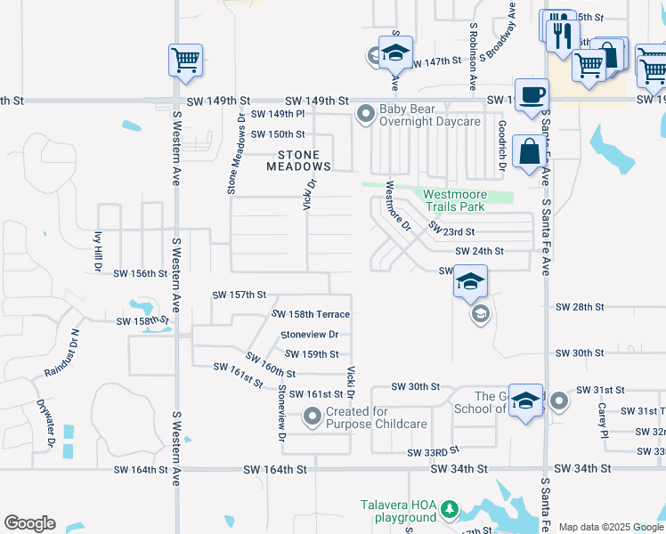 map of restaurants, bars, coffee shops, grocery stores, and more near 529 Southwest 156th Street in Oklahoma City