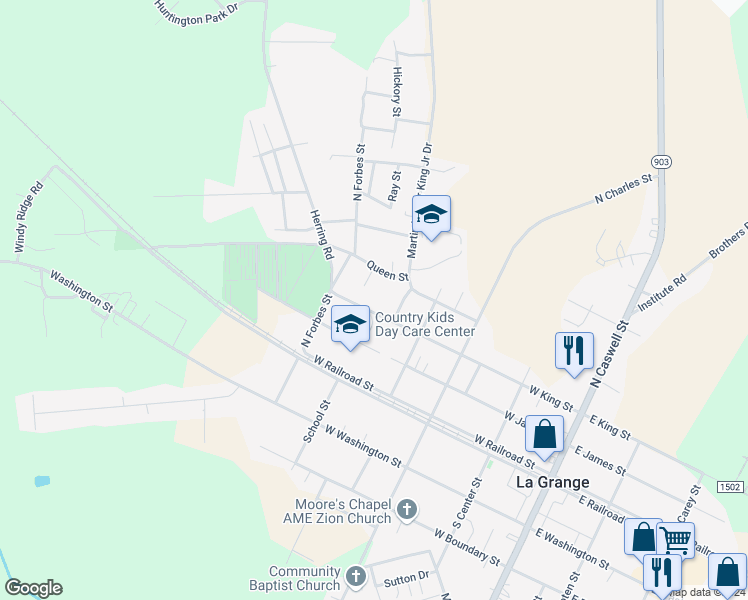 map of restaurants, bars, coffee shops, grocery stores, and more near 616 West King Street in La Grange