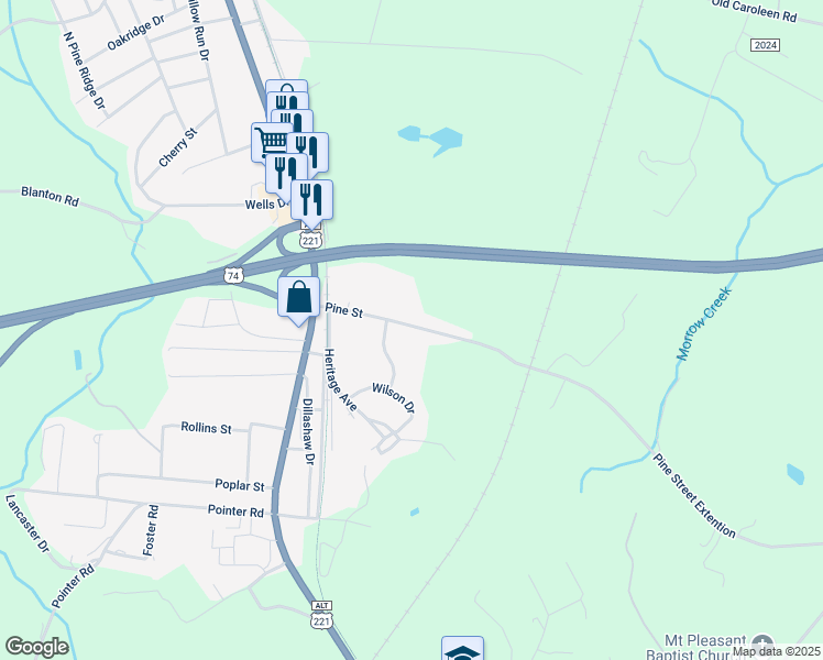 map of restaurants, bars, coffee shops, grocery stores, and more near 218 Pine Street in Forest City