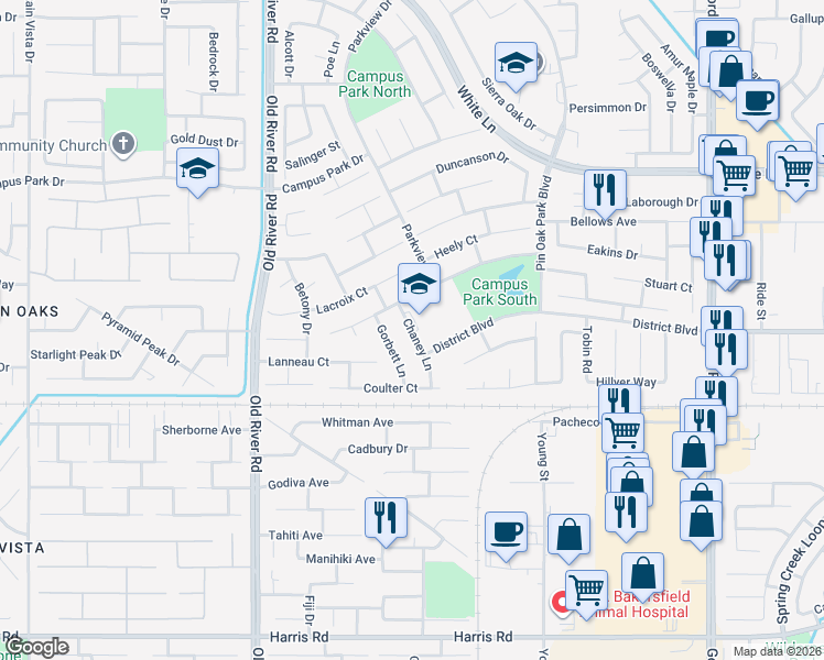map of restaurants, bars, coffee shops, grocery stores, and more near 4520 Gorbett Lane in Bakersfield