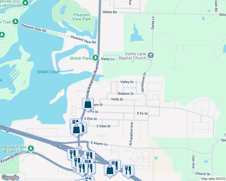 map of restaurants, bars, coffee shops, grocery stores, and more near 407 Shadow Drive in Russellville