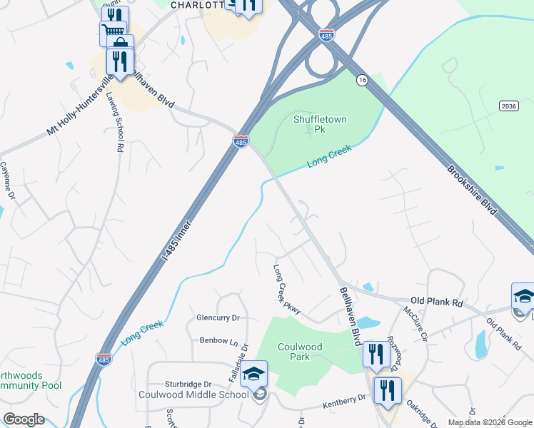 map of restaurants, bars, coffee shops, grocery stores, and more near 9257 Austin Ridge Lane in Charlotte