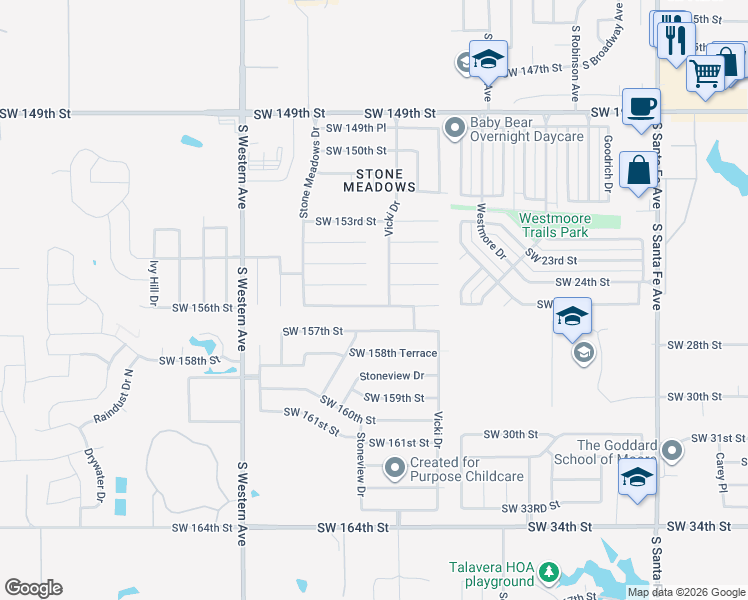 map of restaurants, bars, coffee shops, grocery stores, and more near 605 Stone Meadows Drive in Oklahoma City