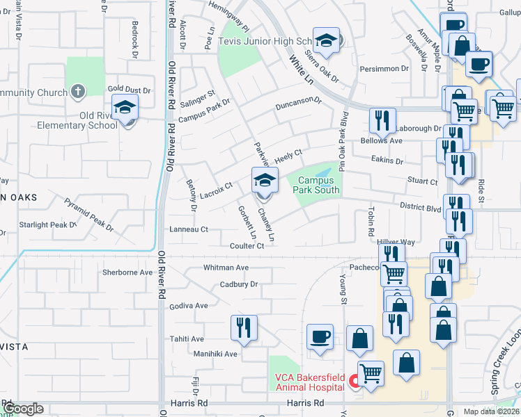 map of restaurants, bars, coffee shops, grocery stores, and more near 4600 Chaney Lane in Bakersfield