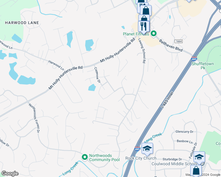 map of restaurants, bars, coffee shops, grocery stores, and more near 10011 Daniel Dwayne Drive in Charlotte