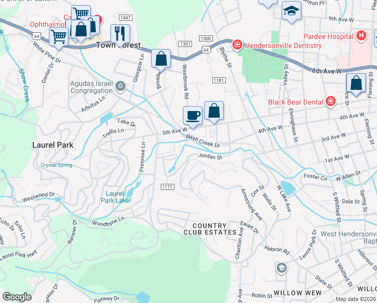map of restaurants, bars, coffee shops, grocery stores, and more near 163 Jordan St in Hendersonville