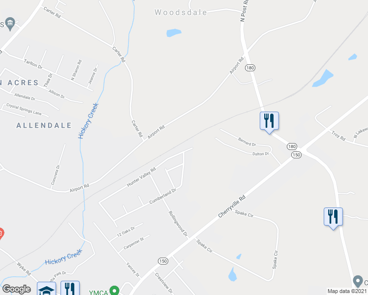 map of restaurants, bars, coffee shops, grocery stores, and more near 1051 Hunter Valley Road in Shelby