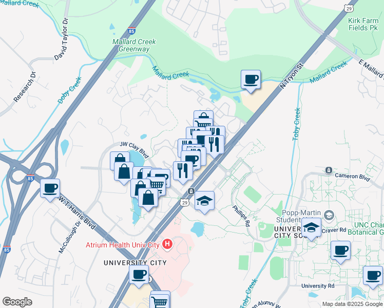 map of restaurants, bars, coffee shops, grocery stores, and more near 9315 North Tryon Street in Charlotte