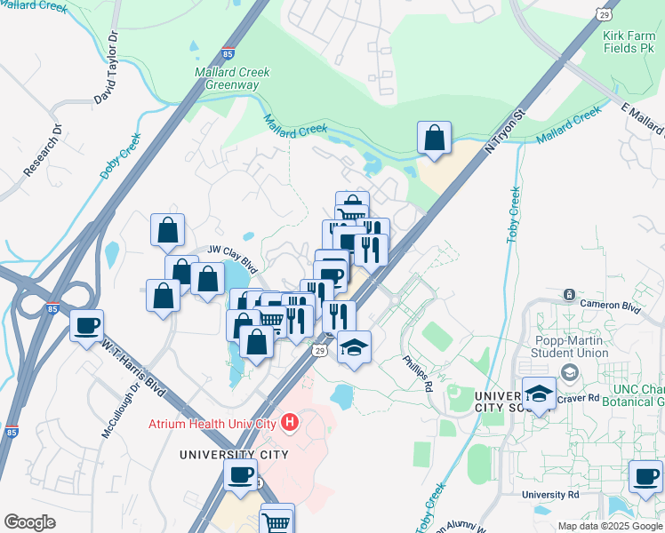map of restaurants, bars, coffee shops, grocery stores, and more near 9315 North Tryon Street in Charlotte