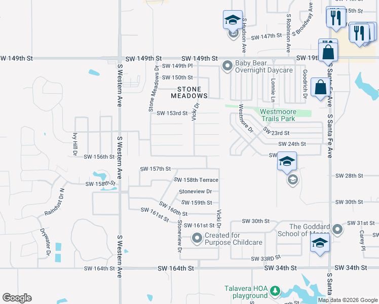 map of restaurants, bars, coffee shops, grocery stores, and more near 605 Southwest 156th Street in Oklahoma City