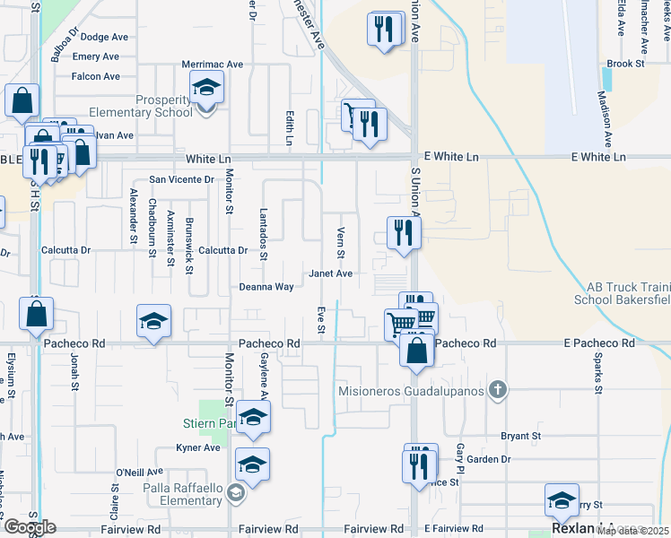 map of restaurants, bars, coffee shops, grocery stores, and more near 4519 Vern Street in Bakersfield