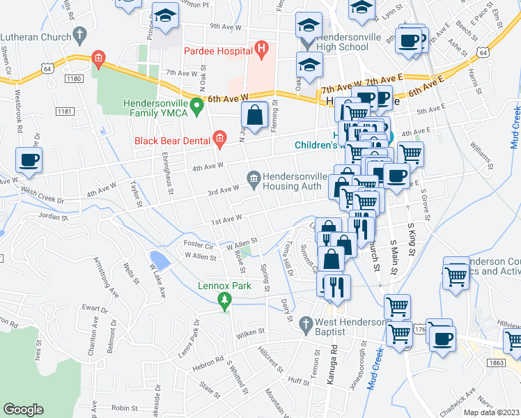 map of restaurants, bars, coffee shops, grocery stores, and more near 707 1st Avenue West in Hendersonville
