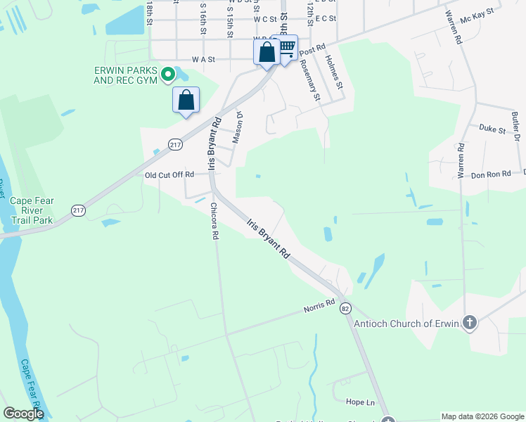map of restaurants, bars, coffee shops, grocery stores, and more near 100 Mulberry Lane in Dunn