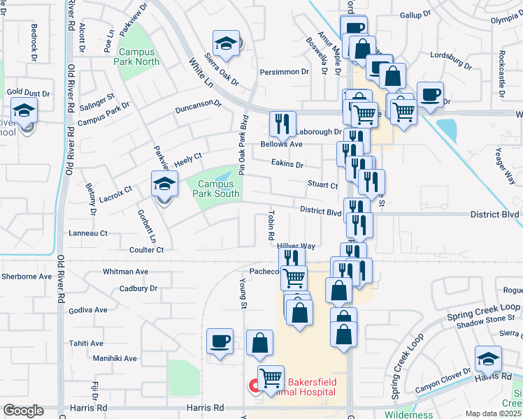 map of restaurants, bars, coffee shops, grocery stores, and more near 8600 Egan Way in Bakersfield
