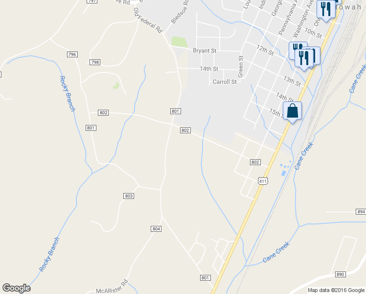 map of restaurants, bars, coffee shops, grocery stores, and more near 263 County Road 801 in Etowah
