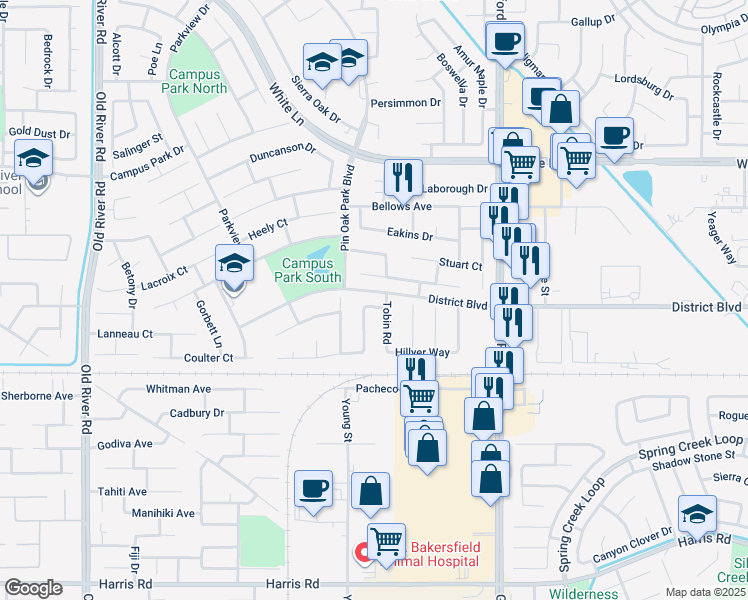 map of restaurants, bars, coffee shops, grocery stores, and more near 8600 Egan Way in Bakersfield