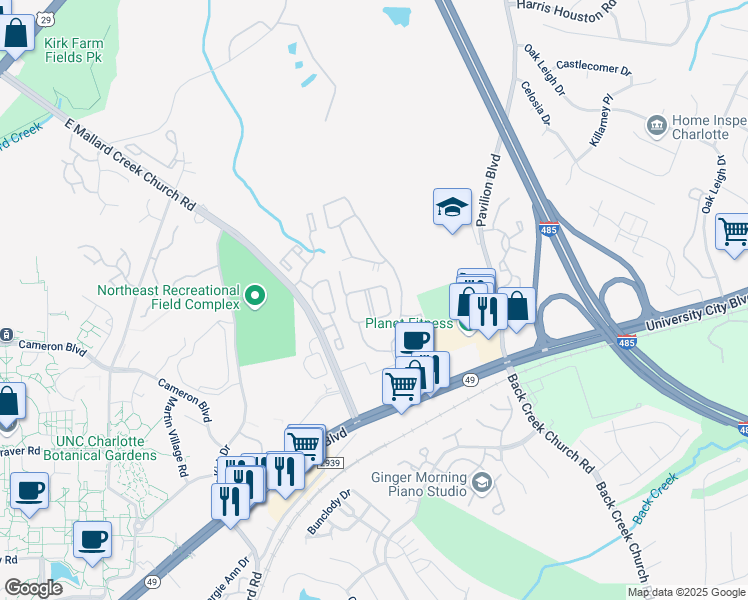 map of restaurants, bars, coffee shops, grocery stores, and more near 10035 Dabney Drive in Charlotte
