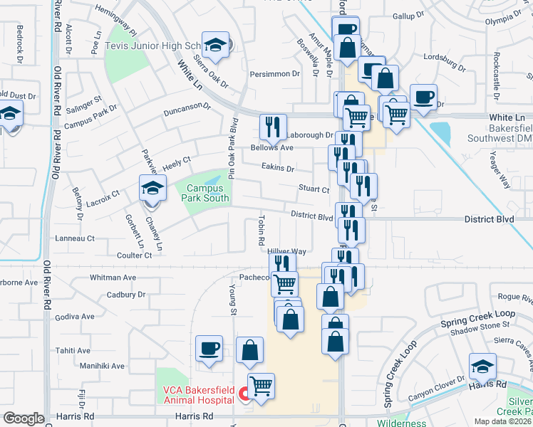 map of restaurants, bars, coffee shops, grocery stores, and more near 4608 Tobin Road in Bakersfield