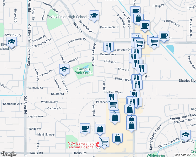 map of restaurants, bars, coffee shops, grocery stores, and more near 4616 Tilyard Court in Bakersfield