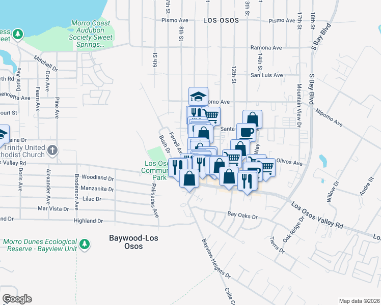 map of restaurants, bars, coffee shops, grocery stores, and more near 2112 Ferrell Avenue in Baywood-Los Osos