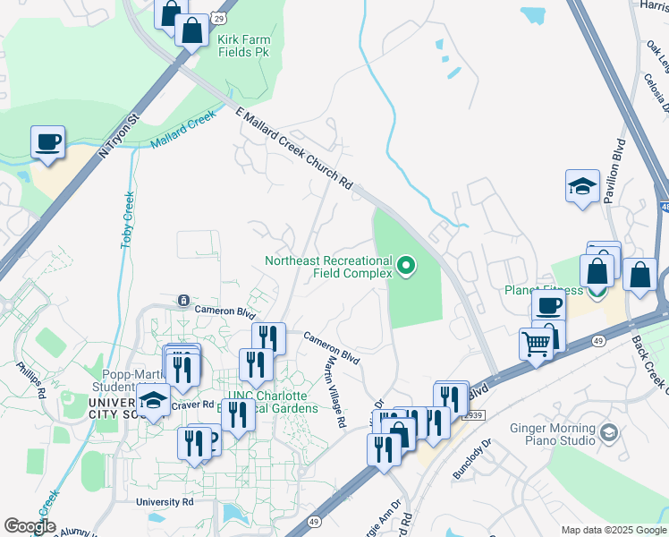 map of restaurants, bars, coffee shops, grocery stores, and more near 1741 Darryl McCall Circle in Charlotte