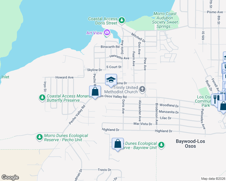 map of restaurants, bars, coffee shops, grocery stores, and more near 348 Los Osos Valley Road in Baywood-Los Osos