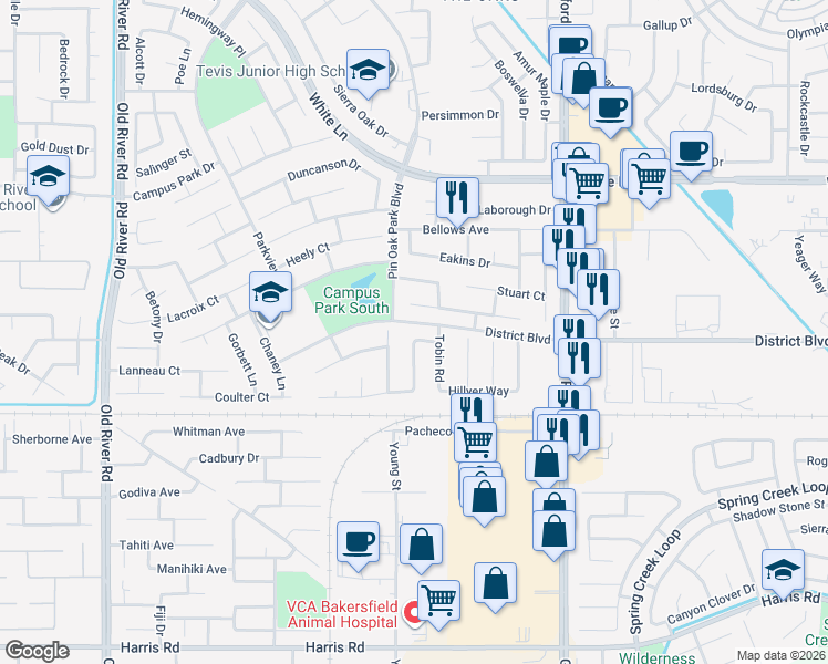 map of restaurants, bars, coffee shops, grocery stores, and more near 4616 Tilyard Court in Bakersfield