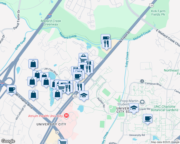 map of restaurants, bars, coffee shops, grocery stores, and more near 9335 North Tryon Street in Charlotte