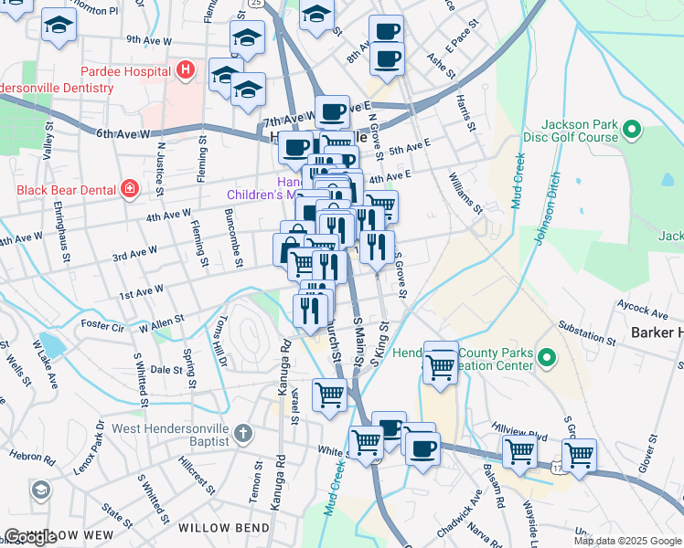 map of restaurants, bars, coffee shops, grocery stores, and more near 201 South Main Street in Hendersonville