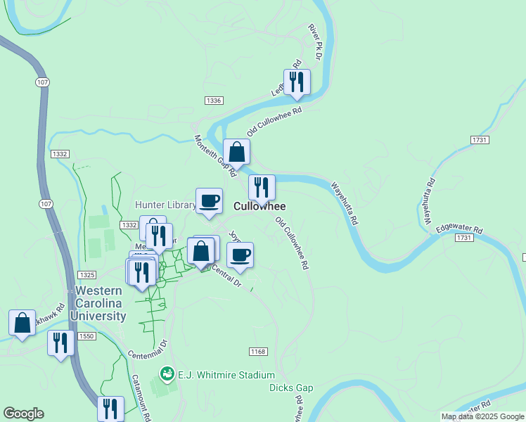 map of restaurants, bars, coffee shops, grocery stores, and more near 3344 Old Cullowhee Road in Cullowhee