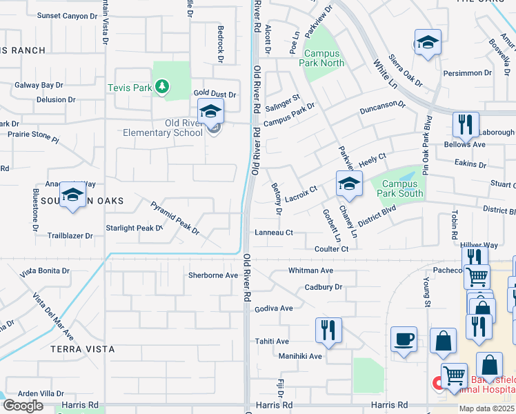 map of restaurants, bars, coffee shops, grocery stores, and more near 9606 Hamburg Court in Bakersfield