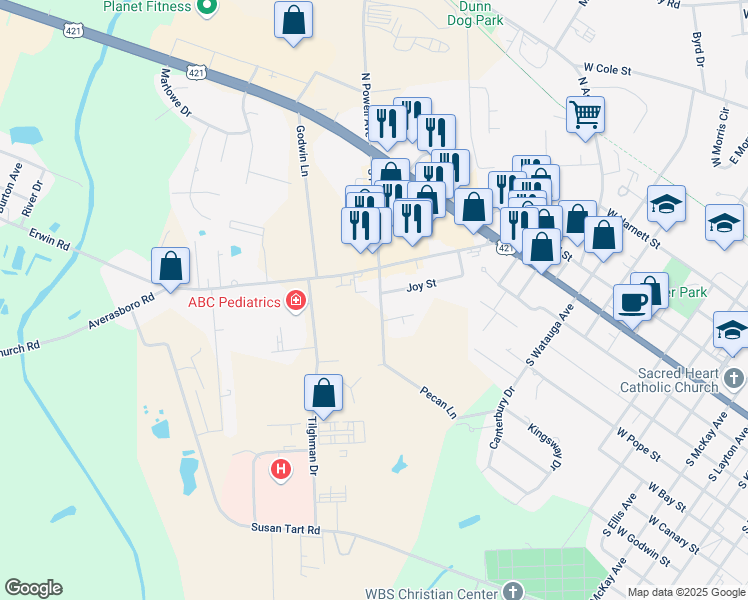 map of restaurants, bars, coffee shops, grocery stores, and more near 131 Joy Street in Dunn