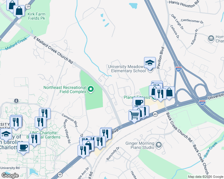 map of restaurants, bars, coffee shops, grocery stores, and more near 1041 Nugget Court in Charlotte