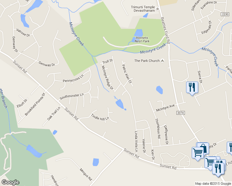 map of restaurants, bars, coffee shops, grocery stores, and more near 5845 Greenway Vista Lane in Charlotte