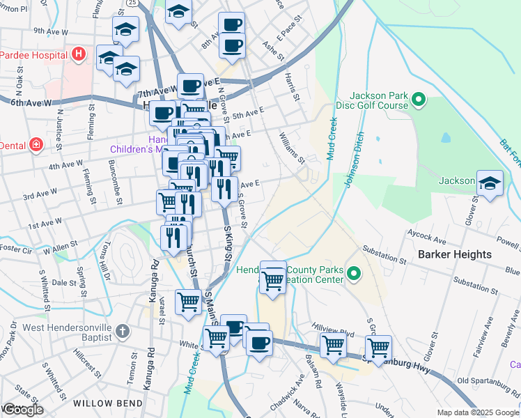map of restaurants, bars, coffee shops, grocery stores, and more near 224 South Grove Street in Hendersonville