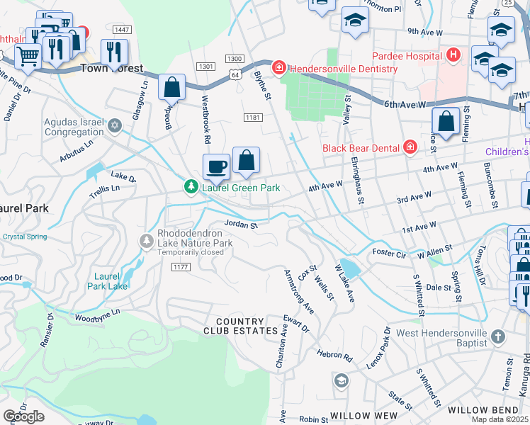 map of restaurants, bars, coffee shops, grocery stores, and more near 310 Jordan Street in Hendersonville