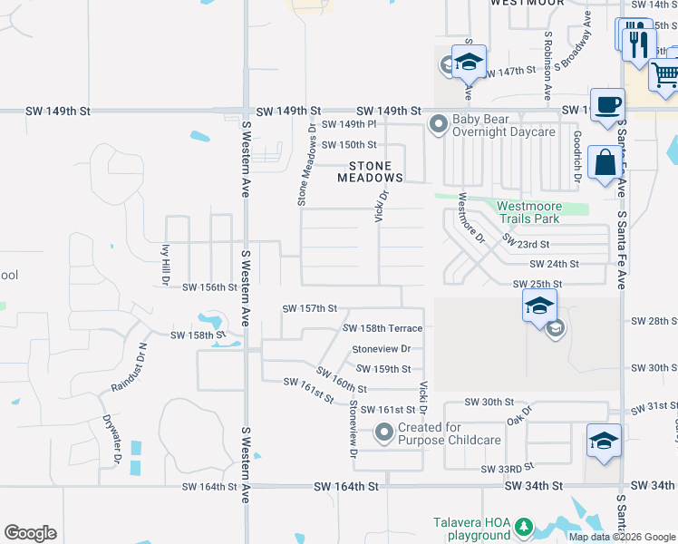 map of restaurants, bars, coffee shops, grocery stores, and more near 634 Stone Meadows Drive in Oklahoma City