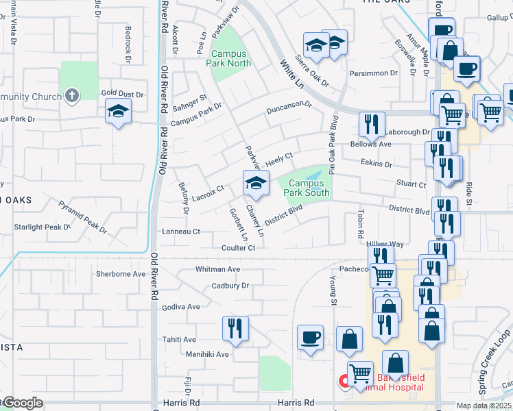 map of restaurants, bars, coffee shops, grocery stores, and more near 4600 Chaney Lane in Bakersfield