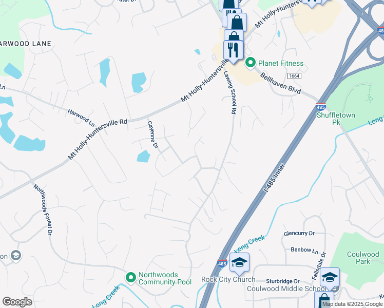 map of restaurants, bars, coffee shops, grocery stores, and more near 2727 Brittni Dayle Drive in Charlotte