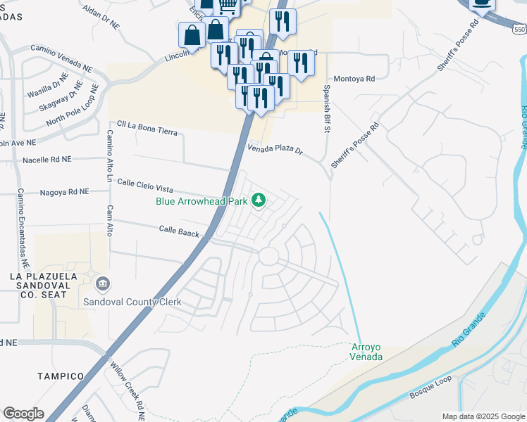 map of restaurants, bars, coffee shops, grocery stores, and more near Vargas Drive in Bernalillo