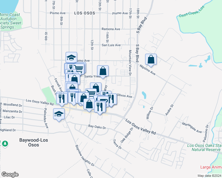 map of restaurants, bars, coffee shops, grocery stores, and more near 1250 Los Olivos Avenue in Baywood-Los Osos