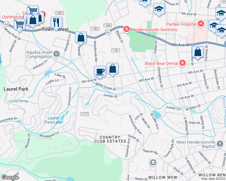 map of restaurants, bars, coffee shops, grocery stores, and more near 194 Washington Creek Drive in Hendersonville