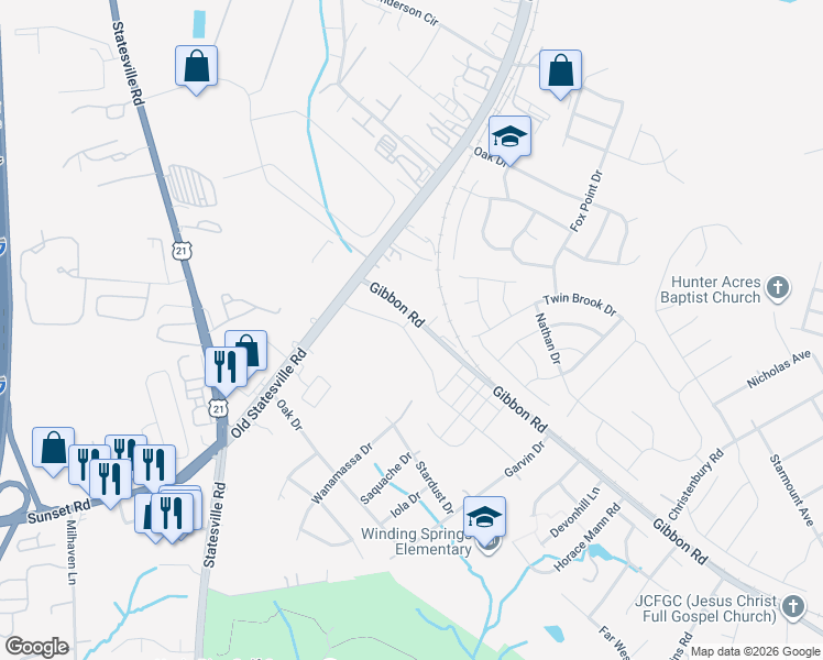 map of restaurants, bars, coffee shops, grocery stores, and more near 4437-4733 Gibbon Road in Charlotte