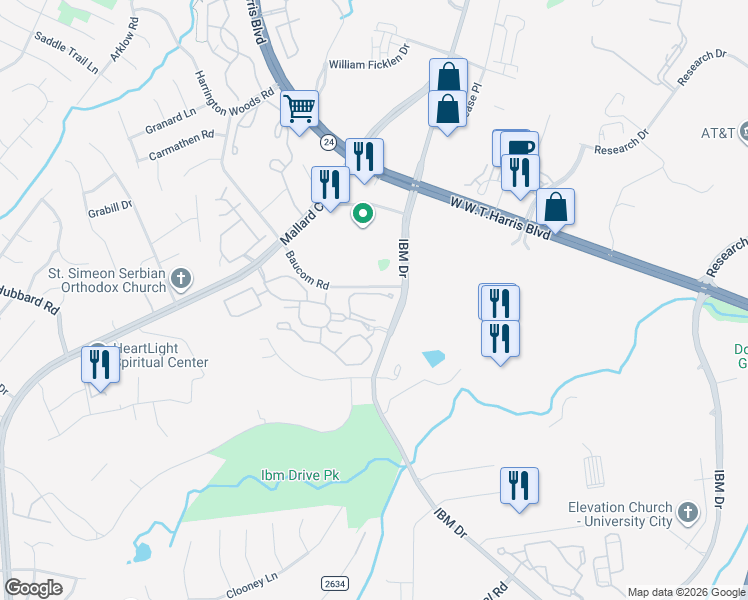 map of restaurants, bars, coffee shops, grocery stores, and more near 8431 Compatible Way in Charlotte